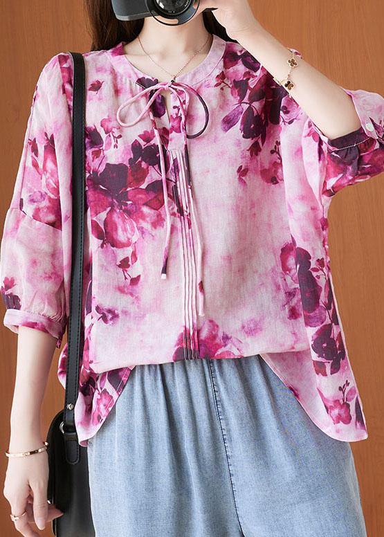 Fashion Pink Print Short Sleeve Summer Cotton Shirt Top