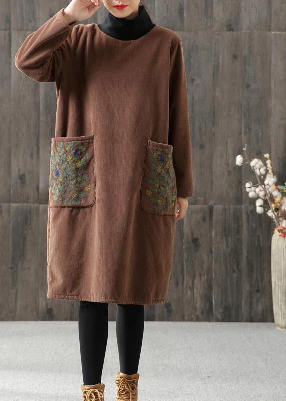Handmade linen Tunics Women printing Turtleneck Winter Cotton Midi Dress