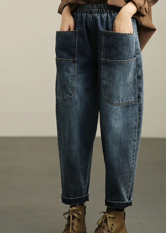 Casual Blue Pockets Denim Harem Pants Fall