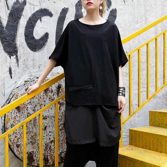 fine black pure linen blouse casual linen cotton t shirt Fine asymmetric hem patchwork cotton shirts