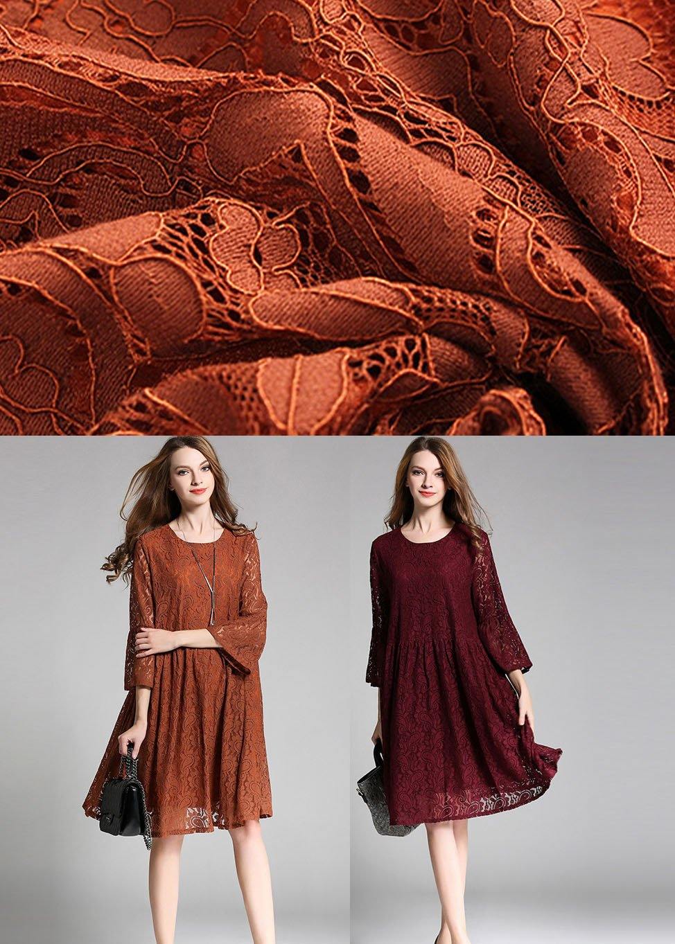Loose Mulberry Lace Wrinkled Spring Long Dress Three Quarter Sleeve