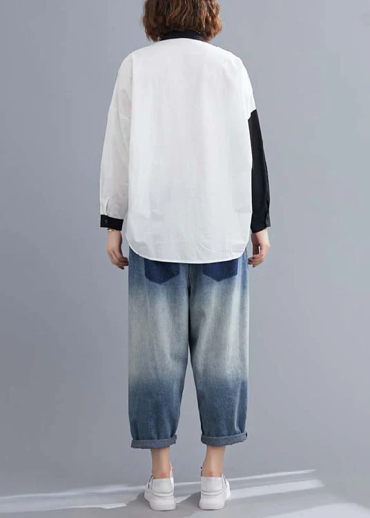 Fitted White Button Print asymmetrical design Fall Long sleeve Blouse Tops