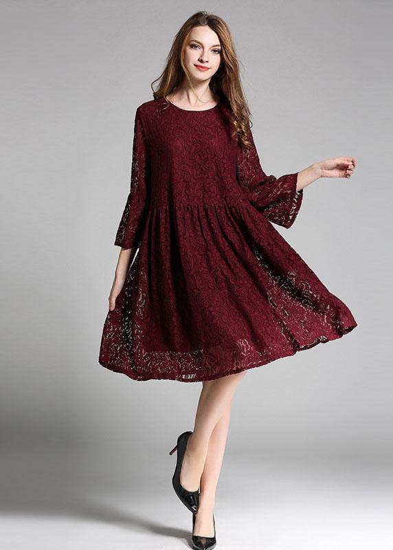 Loose Mulberry Lace Wrinkled Spring Long Dress Three Quarter Sleeve